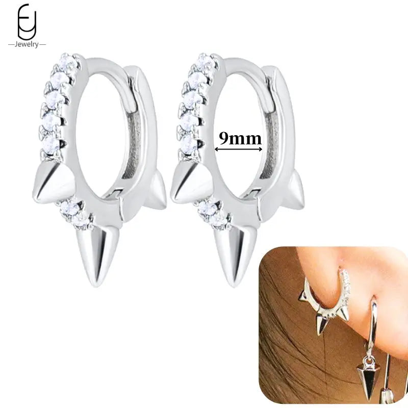 Pendientes de aro de plata de ley 925 con estilo de tachuelas puntiagudas
