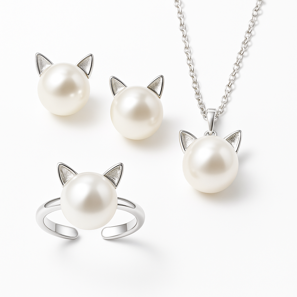 Hermoso collar de gato y perla con pendientes y anillo gratis