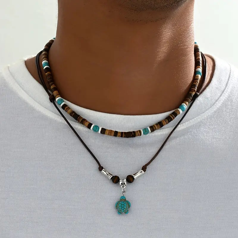 Collar masculino lujoso con cuentas de turquesa y ojo de tigre