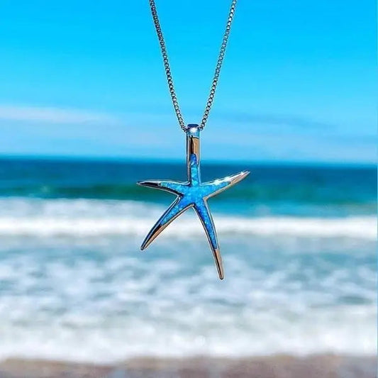 Collar de Estrella de Mar en Ópalo Azul y Plateado