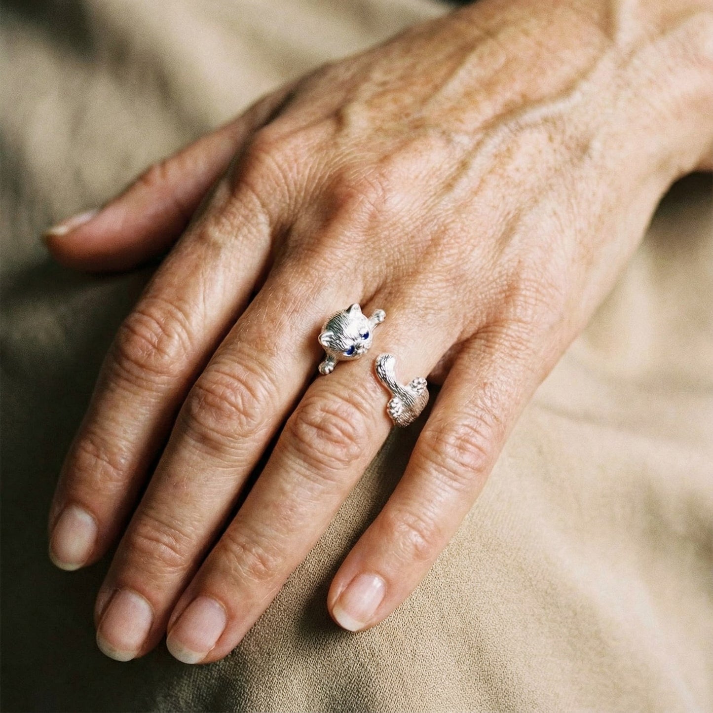 Anillo Ajustable de Plata de Ley 925 con Gatito