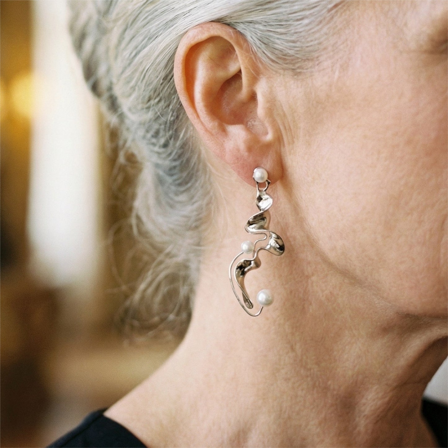 Pendientes vintage abstractos en plata con perlas