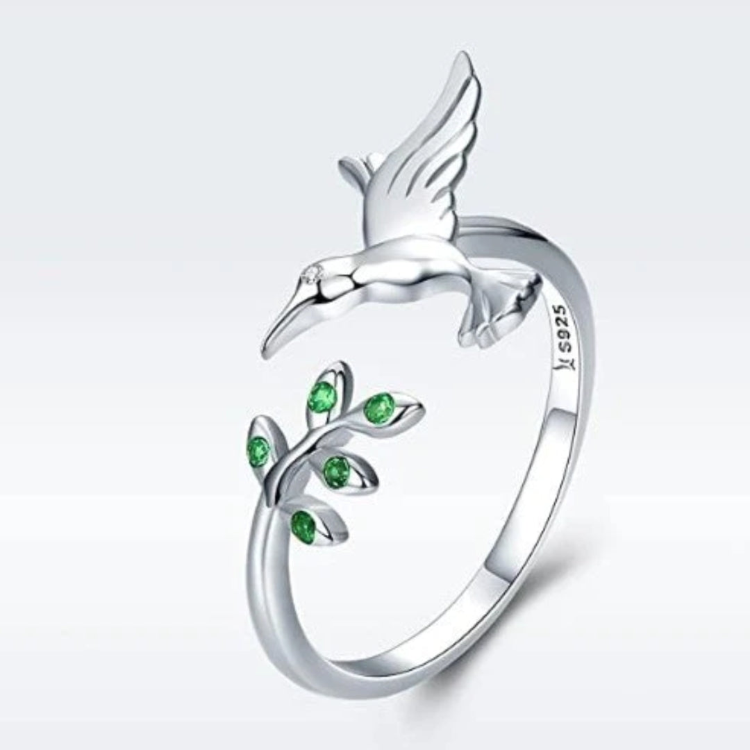 Anillo Colibrí con zircónias verdes en plata
