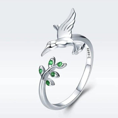Anillo Colibrí con zircónias verdes en plata