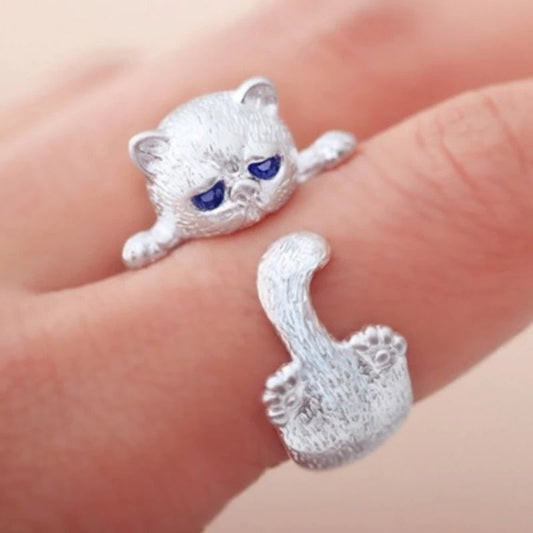 Anillo Ajustable de Plata de Ley 925 con Gatito