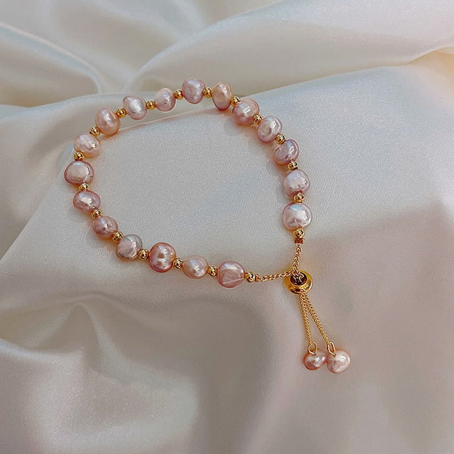 Pulsera de Perlas Rosa en Oro