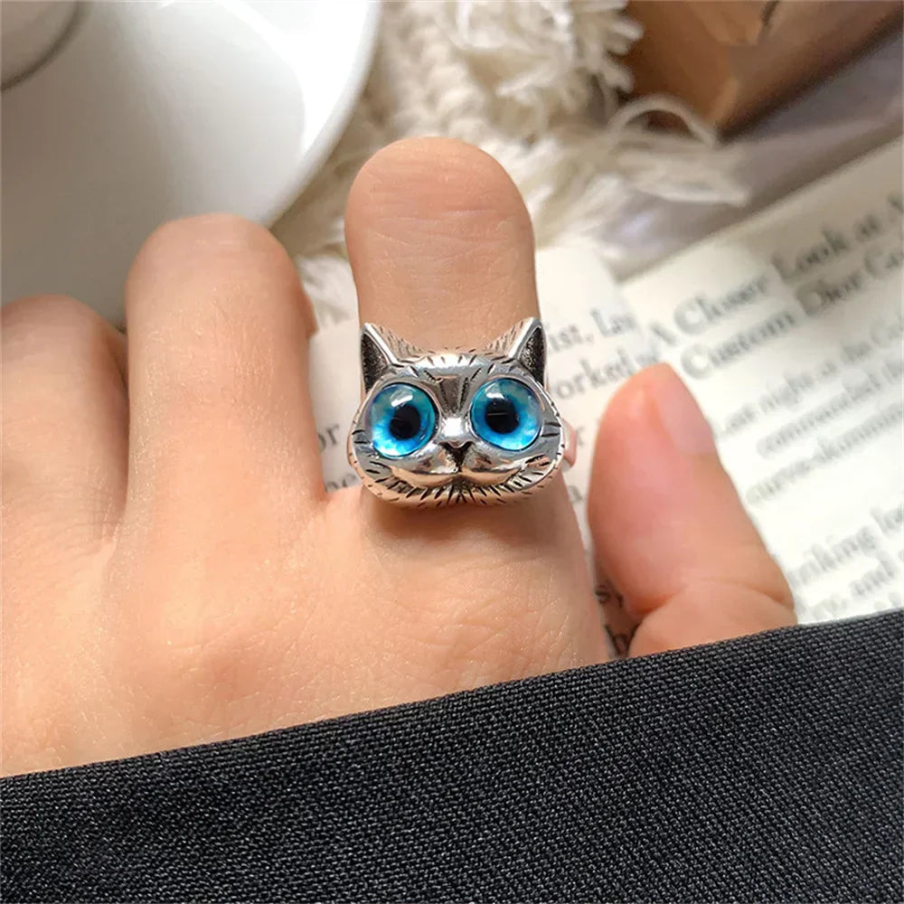 Anillo con gato de ojos azules – Divertido anillo vintage de plata para amantes de los gatos
