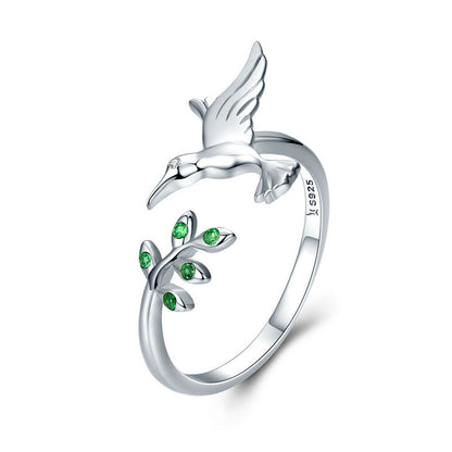 Anillo Colibrí con zircónias verdes en plata