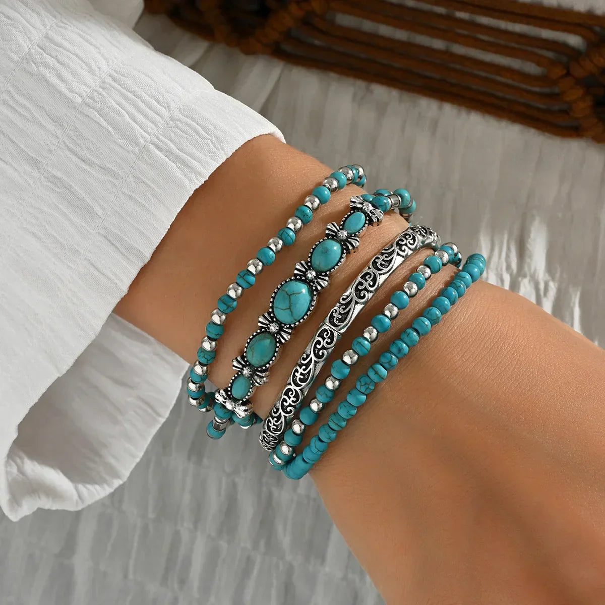 Conjunto de Pulseras Boho con Cuentas Turquesa