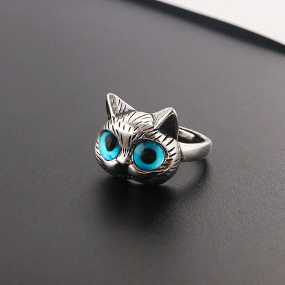 Anillo con gato de ojos azules – Divertido anillo vintage de plata para amantes de los gatos