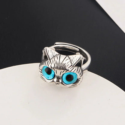 Anillo con gato de ojos azules – Divertido anillo vintage de plata para amantes de los gatos