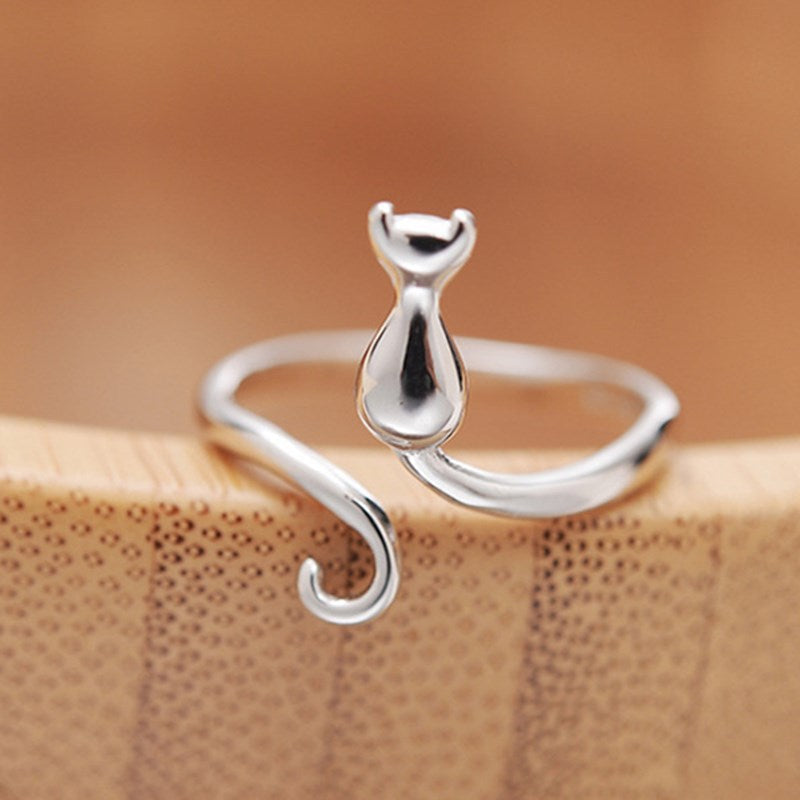 Anillo Ajustable con Gatito en Plata