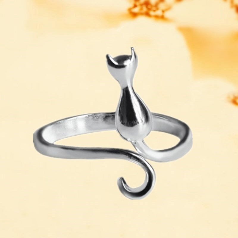 Anillo Ajustable con Gatito en Plata