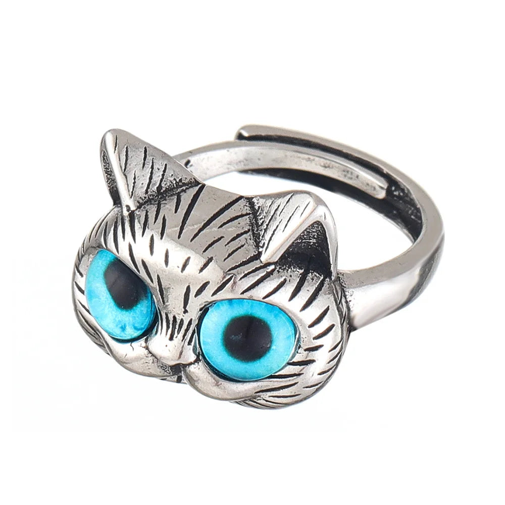 Anillo con gato de ojos azules – Divertido anillo vintage de plata para amantes de los gatos