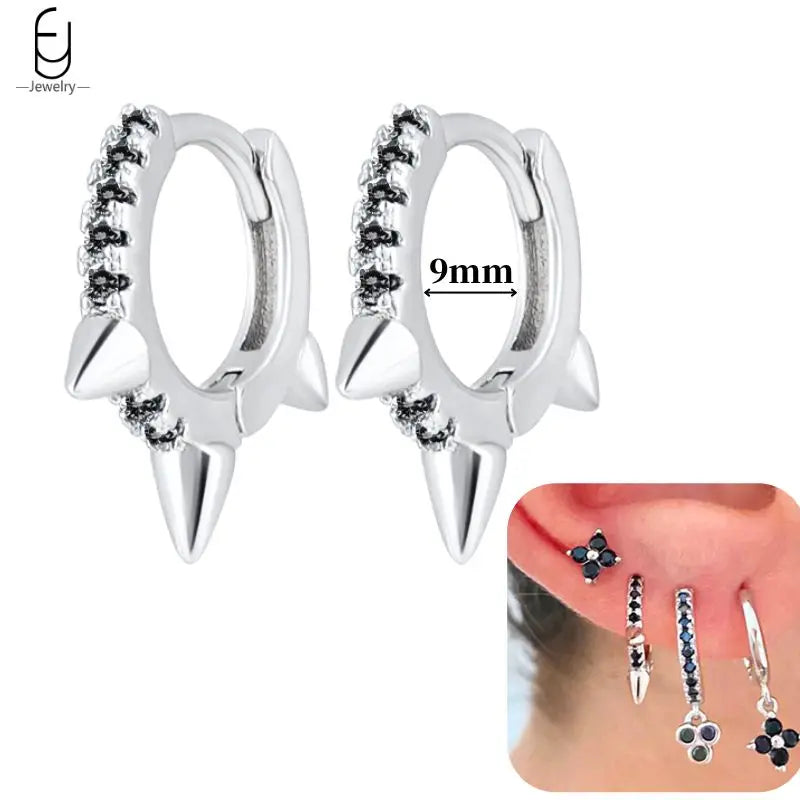 Pendientes de aro de plata de ley 925 con estilo de tachuelas puntiagudas