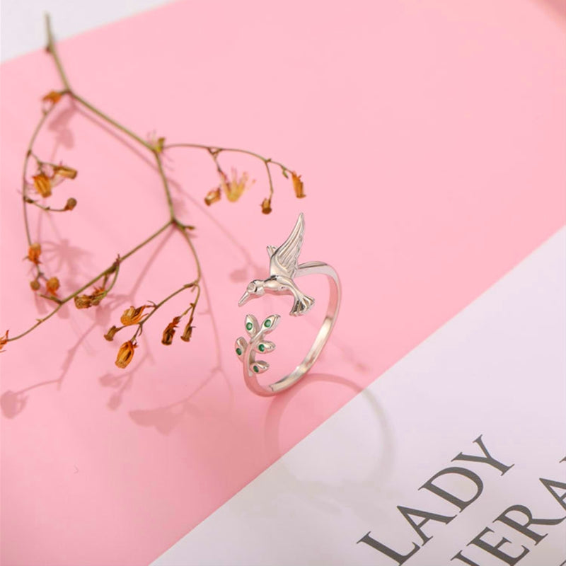 Anillo Colibrí con zircónias verdes en plata