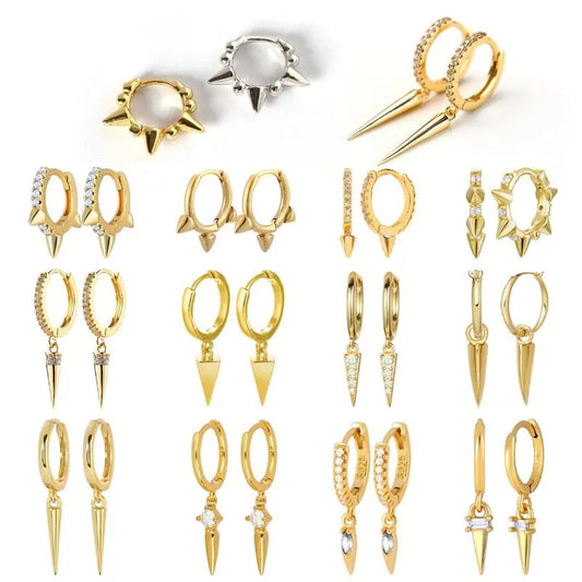 Pendientes de aro de plata de ley 925 con estilo de tachuelas puntiagudas