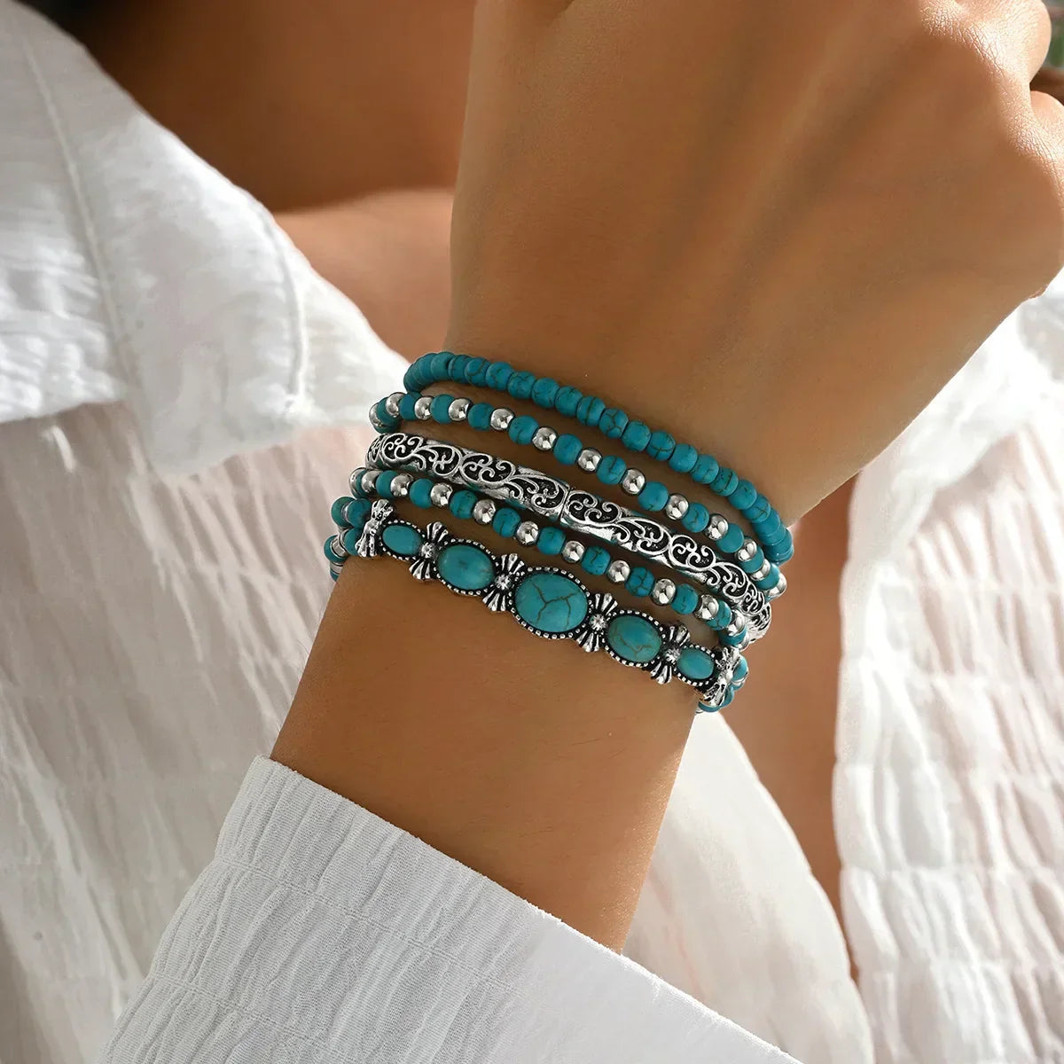 Conjunto de Pulseras Boho con Cuentas Turquesa