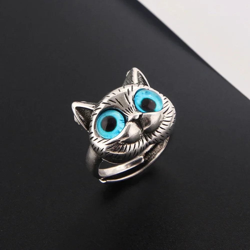 Anillo con gato de ojos azules – Divertido anillo vintage de plata para amantes de los gatos