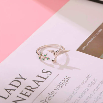 Anillo Colibrí con zircónias verdes en plata