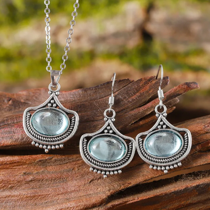 Conjunto Vintage de Collar y Pendientes con Piedras Preciosas Ovaladas Azules