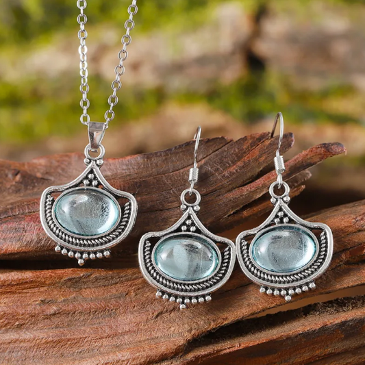 Conjunto Vintage de Collar y Pendientes con Piedras Preciosas Ovaladas Azules