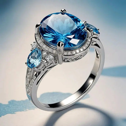 Anillo Vintage en Plateado con Cristal Azul