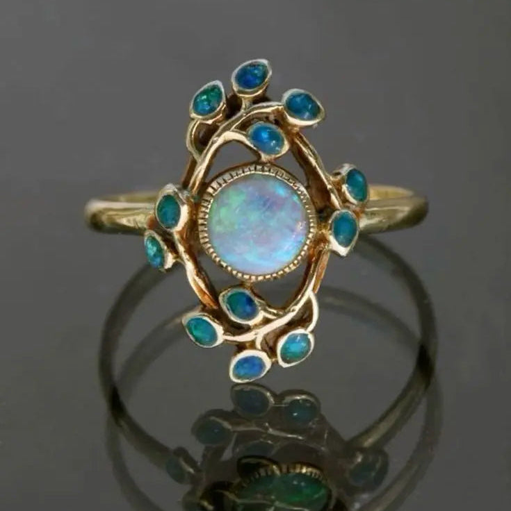 Anillo Azul Vintage con Cristales y Ópalo