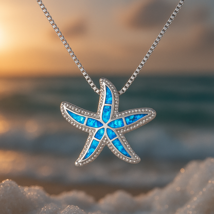 Colador Plateado con Estrella de Mar Azul Brillante y Ópalo