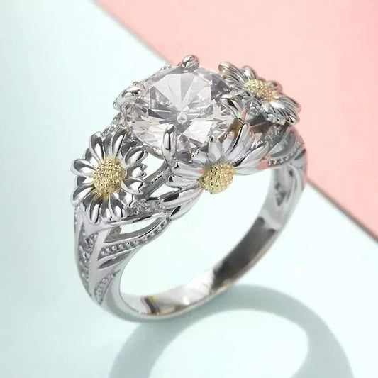 Anillo Vintage con Girasol Amarillo y Plata
