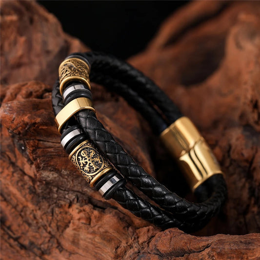 Pulsera de Cuero Negro Trenzado con Colgante Dorado