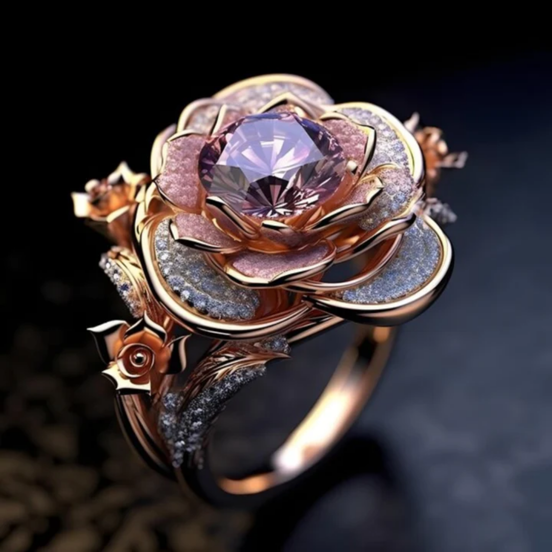 Anillo Bilhante con Flores Exóticas en Capas