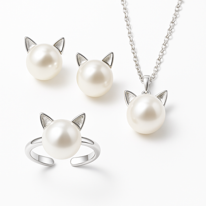 Hermoso collar de gato y perla con pendientes y anillo gratis